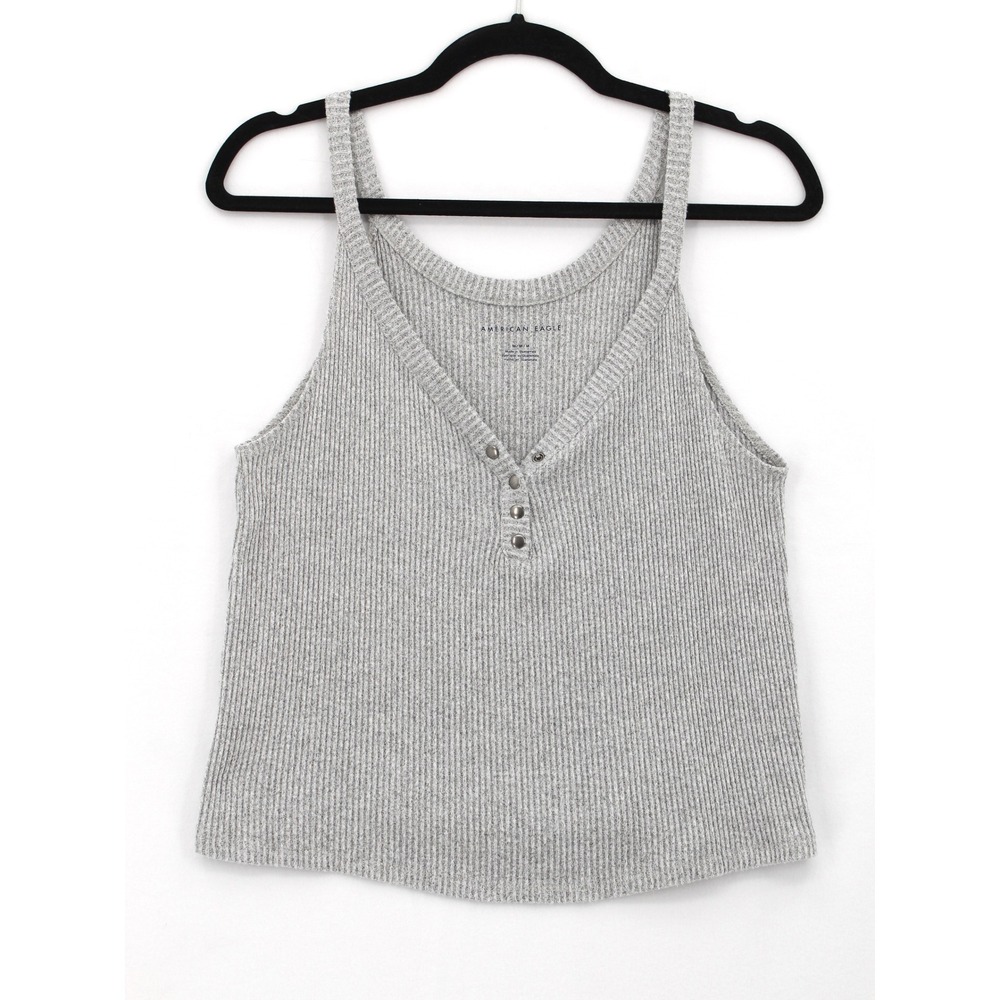 American Eagle Grey Ribbed Henley Tank Top V-Neck Snap Button Size‎ Medium
